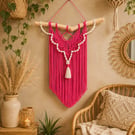 Magenta Macrame Wall Hanging, Boho Driftwood Fiber Art Tapestry