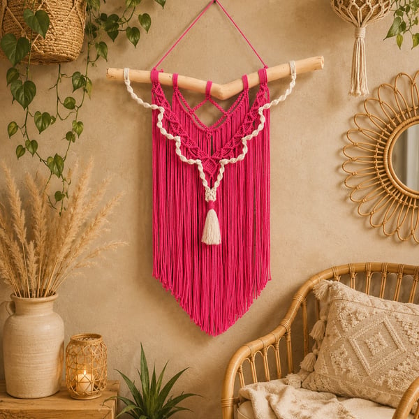 Magenta Macrame Wall Hanging, Boho Driftwood Fiber Art Tapestry