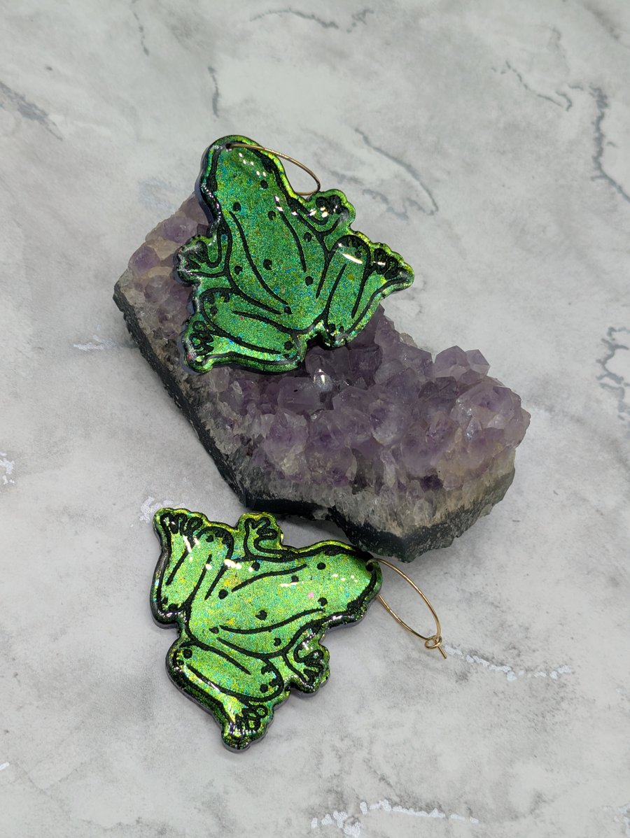 Frog Earrings, Cottagecore Earrings, resin frog hoops