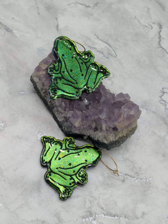 Frog Earrings, Cottagecore Earrings, resin frog hoops