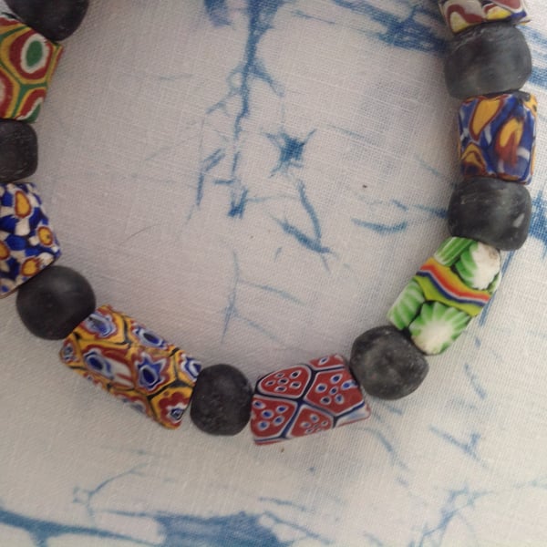 Mans bracelet with antique trade beads from Venice and African recycled glass