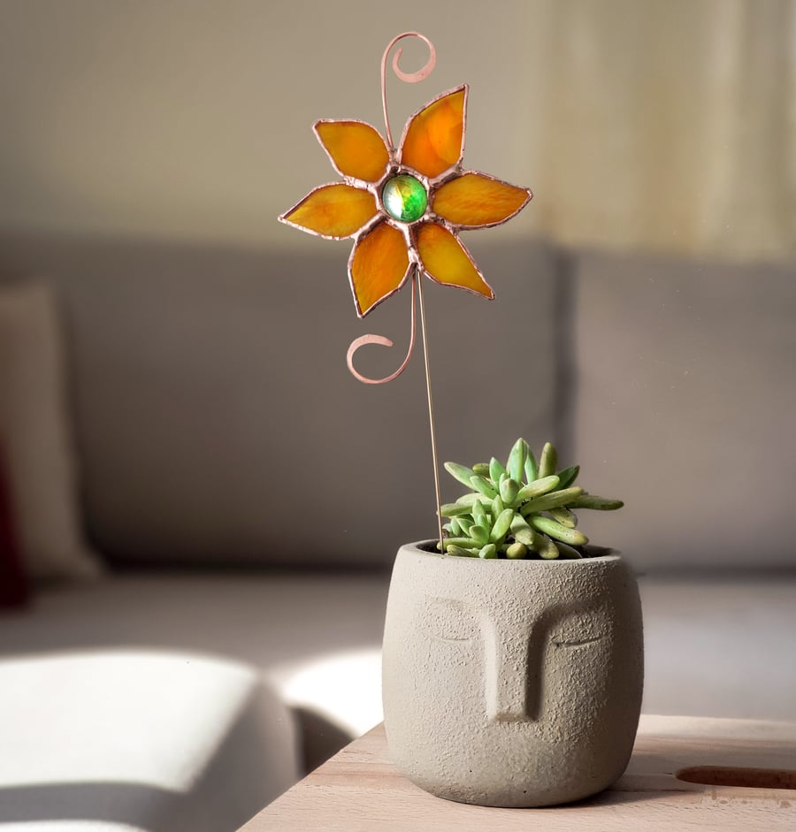 Stained Glass Plant Pot Garden Stakes Ornament Sunshine Yellow 