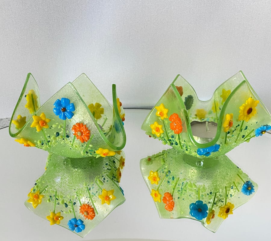 Fused glass candle holder cribs- glass art