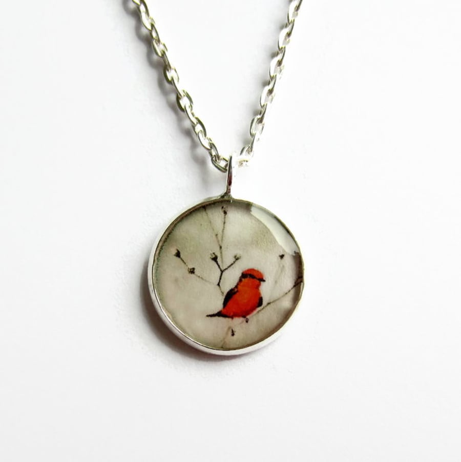 Little Red Bird Necklace, Bird Picture Pendant, Resin Jewellery, 18mm Pendant