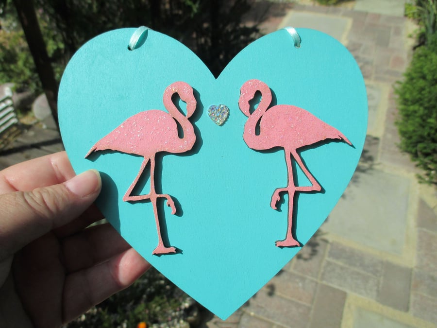 Flamingo Hanging Decoration Wood Wooden Love Heart Pink Bird with Glitter