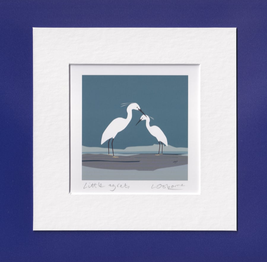 Little egrets -  bird print from digital illustration - mounted
