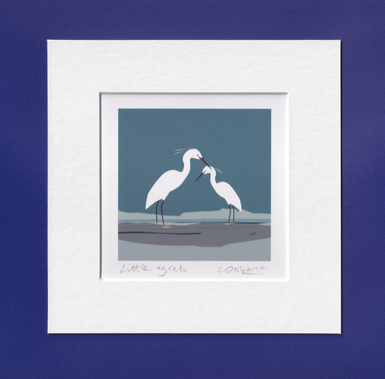 Little egrets -  bird print from digital illustration - mounted