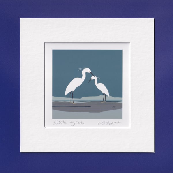 Little egrets -  bird print from digital illustration - mounted