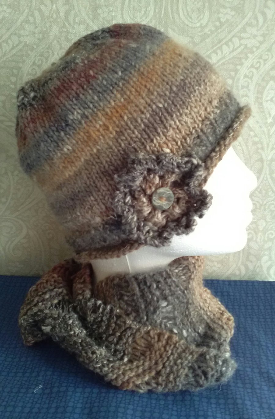 Handknit Noro Hat & Cowl Set. Wool & Silk muted browns