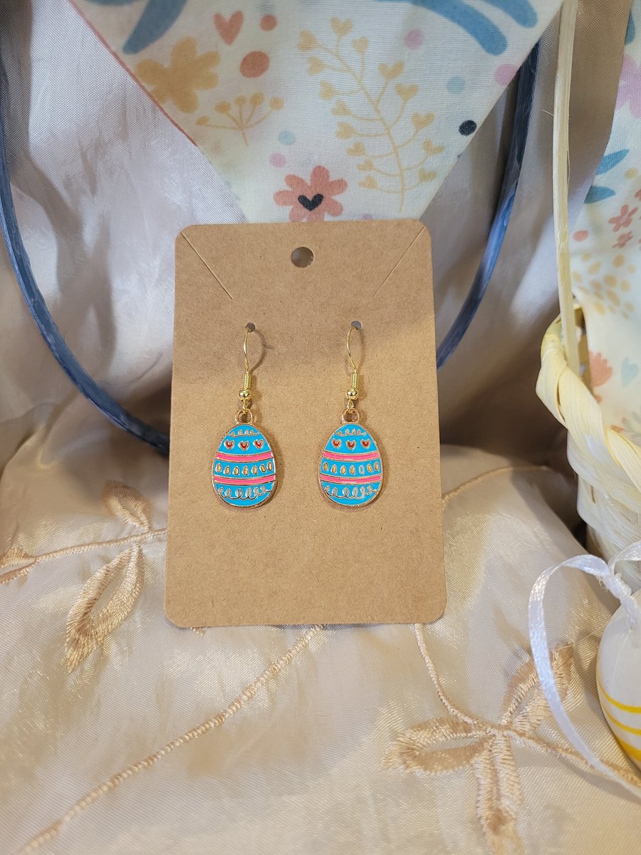 Gold Enamel Easter Earrings - Blue Easter Eggs