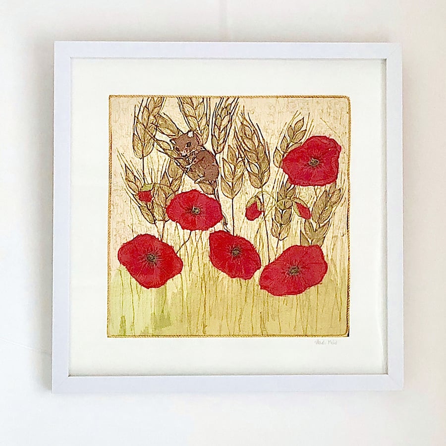 Harvest Mouse in the Poppy Cornfield - original textile artwork