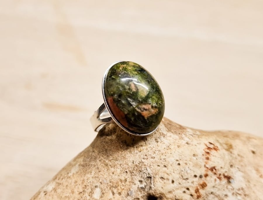 Simple oval unakite ring. Scorpio jewelry uk. Adjustable sterling silver