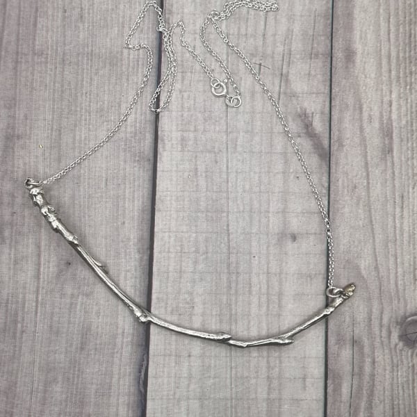 Real birch twig coated in silver, statement necklace