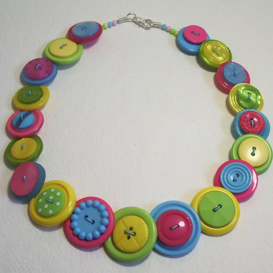 Lime Green, Hot Pink, Yellow and Aqua button necklace