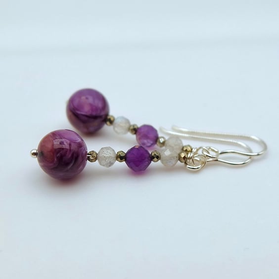 Charoite, Amethyst & Labradorite Earrings, Anniversary, Birthday, Valentine Gift