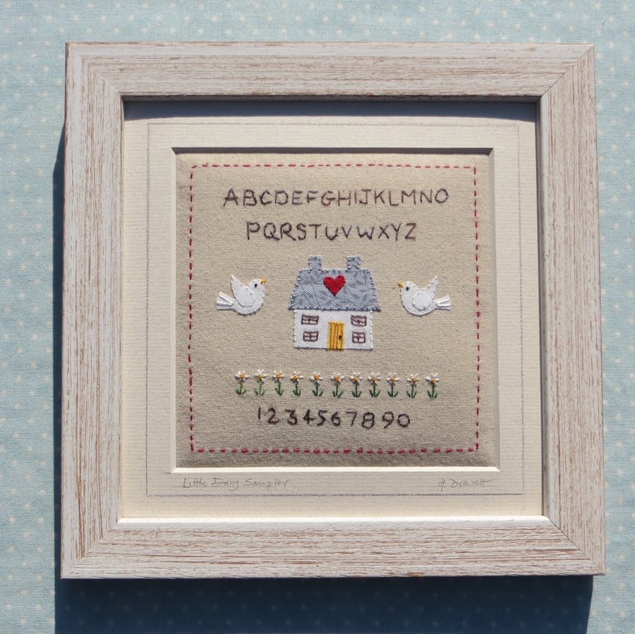 Little Daisy Sampler hand-stitched, nursery or anywhere, framed ready to hang