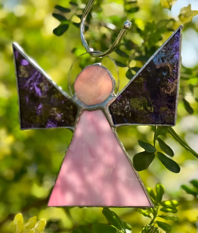 Stained Glass Triangle Angel - Pale pink with purple gluechip wings