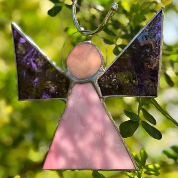 Stained Glass Triangle Angel - Pale pink with purple gluechip wings
