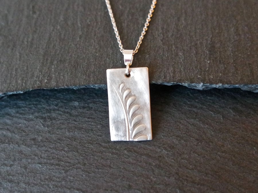 Flower Twig Silver Necklace - abstract rectangular Silver Clay
