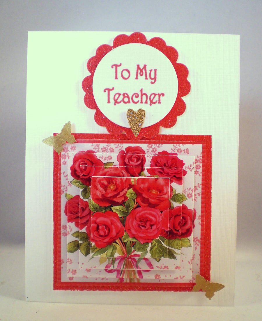 Handmade teacher thank you 3D card,roses