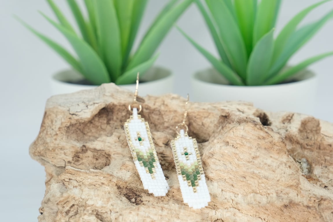 Handmade Green, White & Gold Native American Style Beaded Earrings