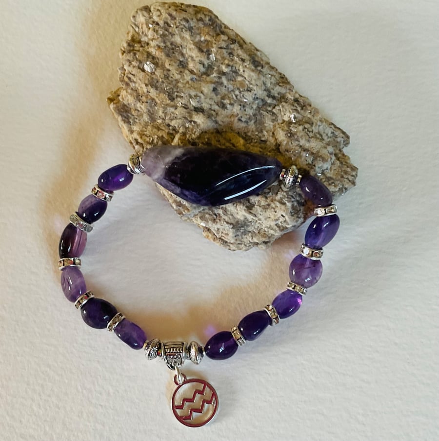 Aquarius February elasticated charm bracelet featuring amethyst beads