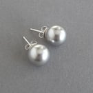 10mm Silver Glass Pearl Stud Earrings - Large Light Grey Studs - Jewellery Gifts