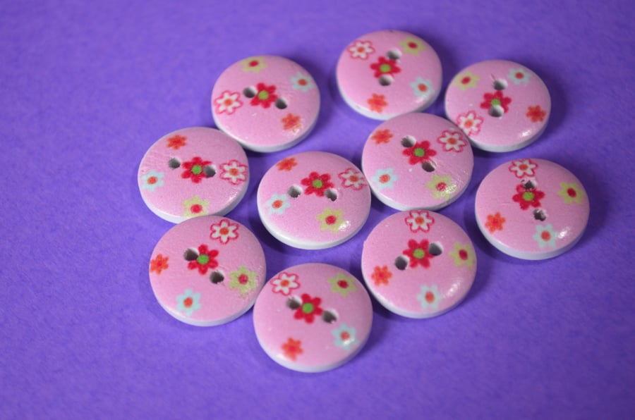15mm Wooden Floral Buttons Cute Pink Red Yellow 10pk Flowers (SF27)