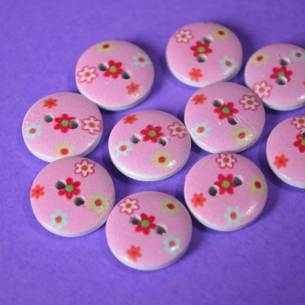 15mm Wooden Floral Buttons Cute Pink Red Yellow 10pk Flowers (SF27)