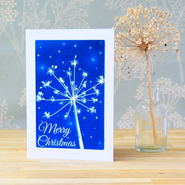 Merry Christmas Seed head and stars Cyanotype Card