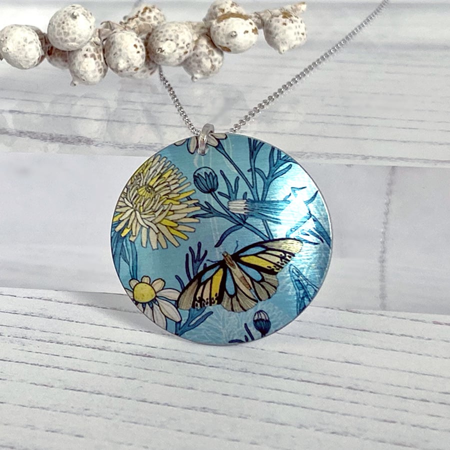 Butterfly necklace, blue 32mm floral disc pendant, handmade jewellery. (196)