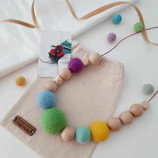 Needle Felted Wool & Wood Mix Necklace-Pastel Mix