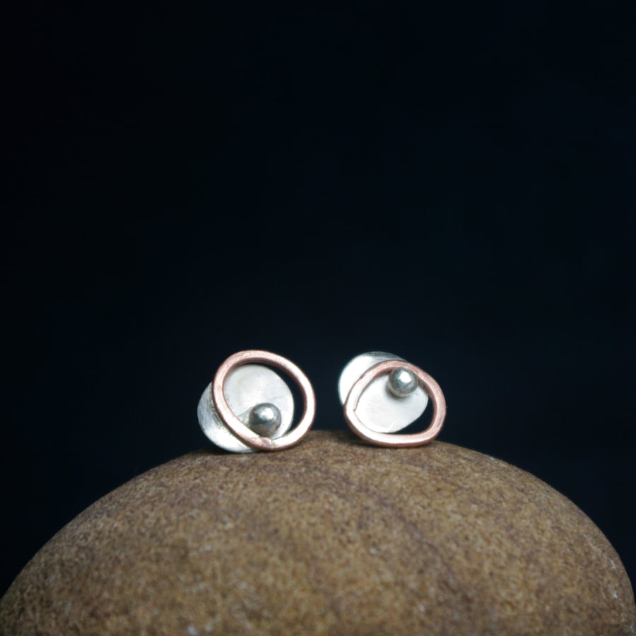 Silver and Copper Ellipse Stud Earrings