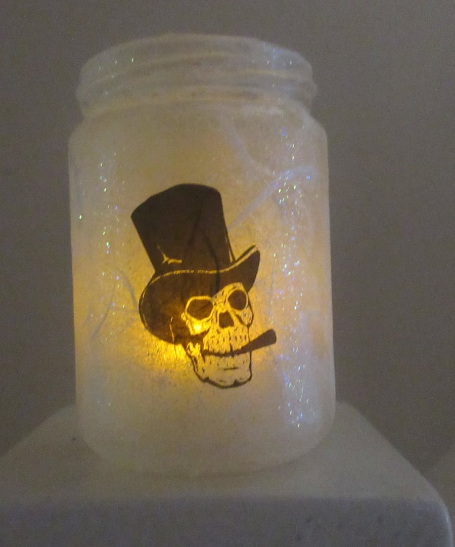 Glass Jar with skull in top hat smoking cigar - lights available