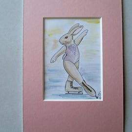 Ice Skater Skating Bunny Rabbit Dancer Dancing ACEO original painting in mount