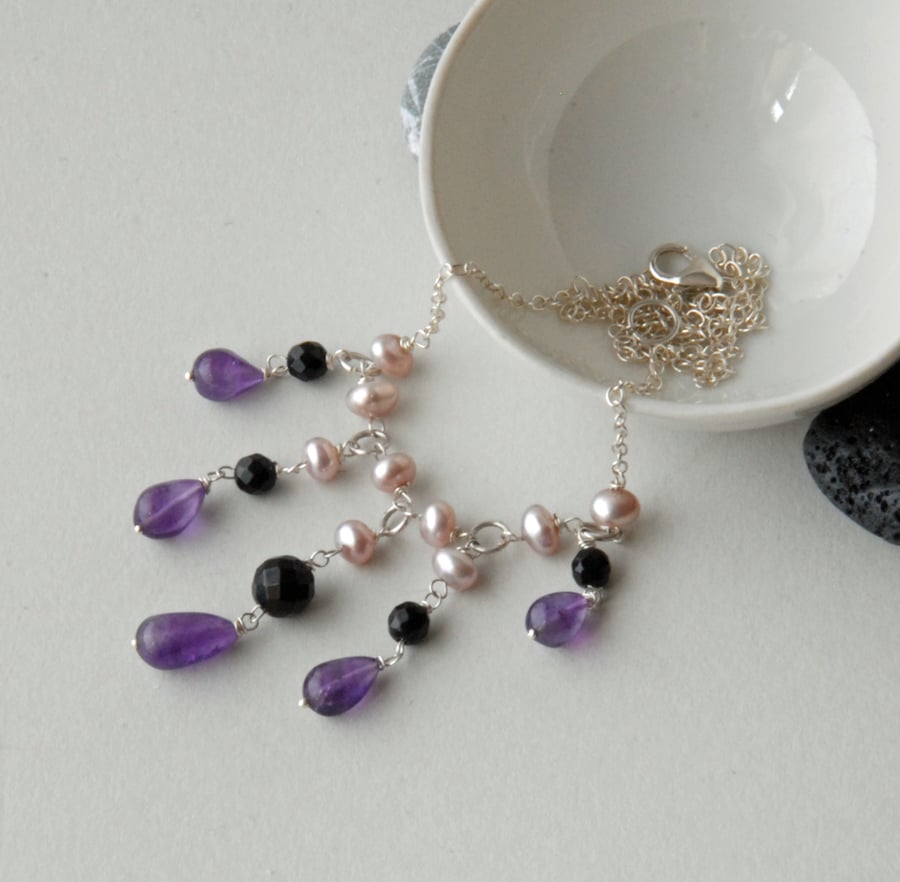 Purple amethyst, pearl and black onyx silver necklace