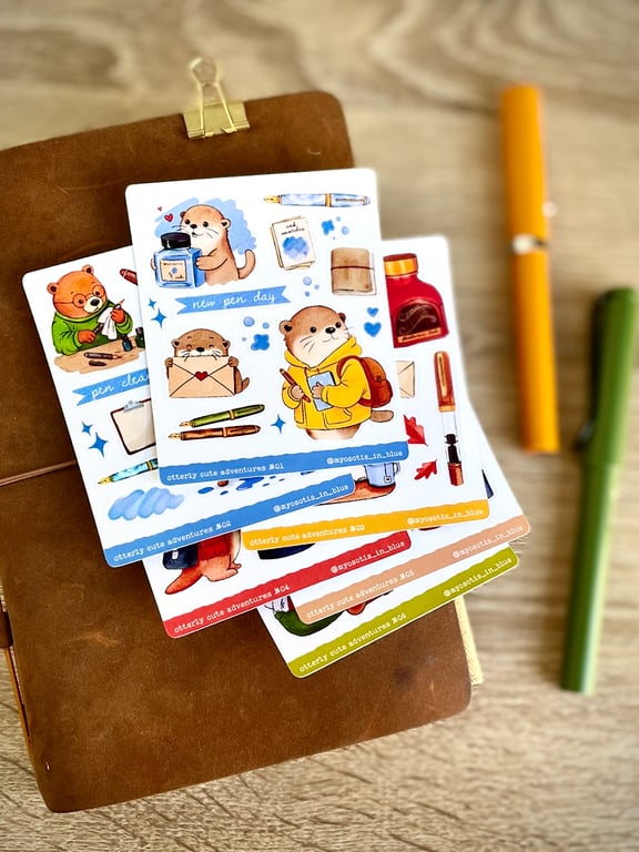 Fountain Pen Themed Mini Sticker Sheets with Cute Otter and Bear