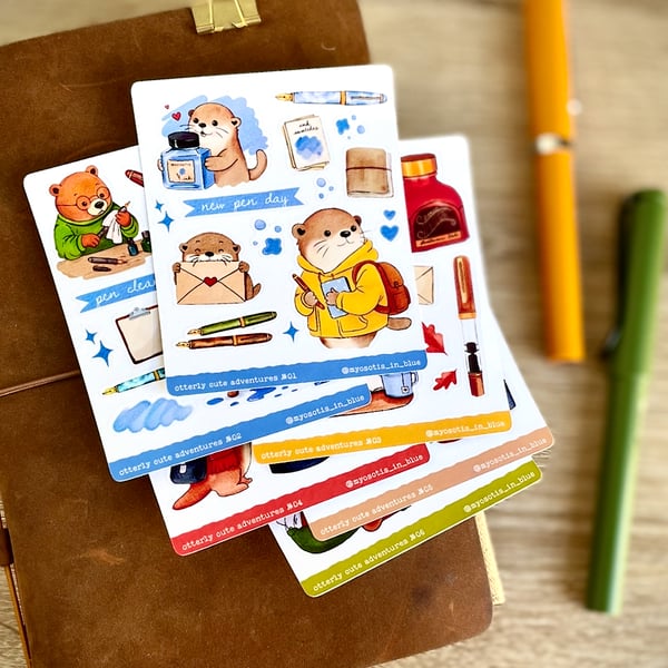 Fountain Pen Themed Mini Sticker Sheets with Cute Otter and Bear