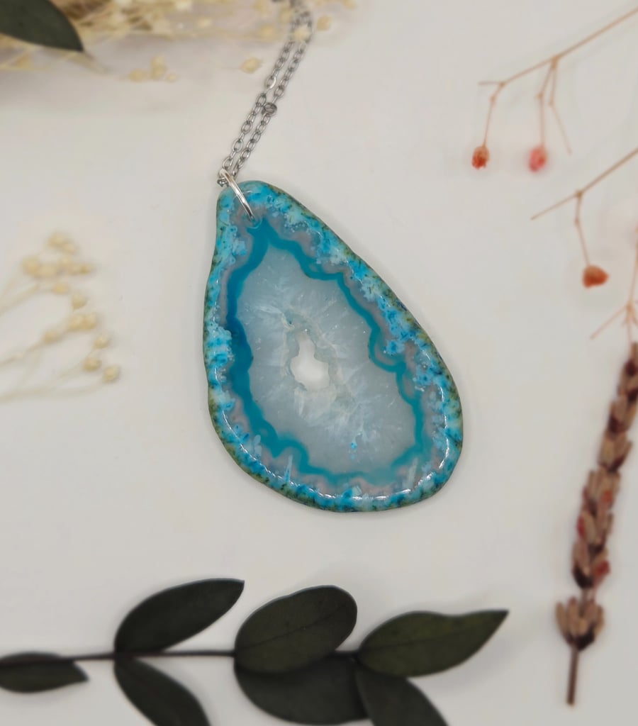 Blue Druzy Agate Slice Pendant Necklace, Stainless Steel Chain