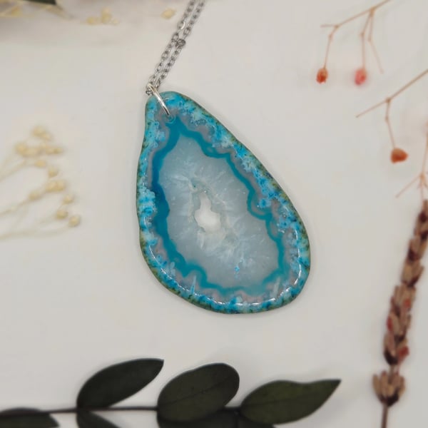 Blue Druzy Agate Slice Pendant Necklace, Stainless Steel Chain