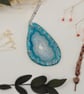 Blue Druzy Agate Slice Pendant Necklace, Stainless Steel Chain