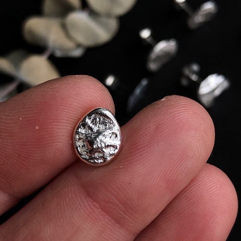 SINGLE STUD, unique charcoal cast sterling silver stud, recycled silver stud.