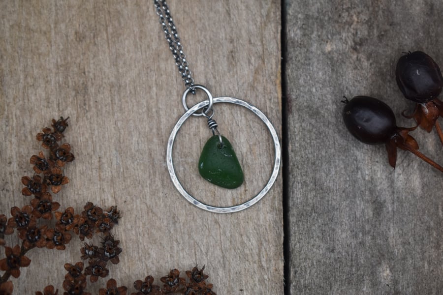 Green Sea Glass and Recycled Sterling Silver Necklace, Scottish Seaglass