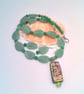 Green Flower Pattern Glass Rectangle on a Leaf & Round Bead Necklace & Earrings 
