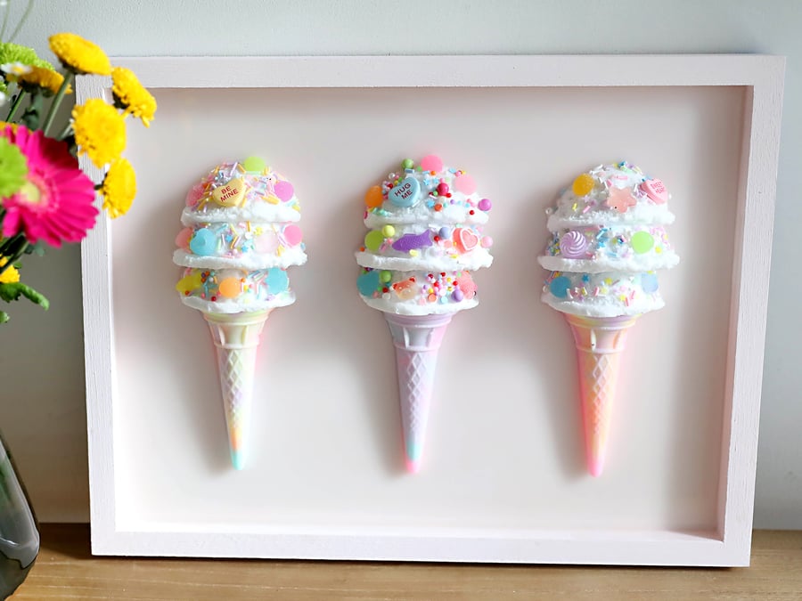 Triple Scoop Ice Cream Artwork, Handcrafted Resin Wall Art in Pastel Colours, Pe