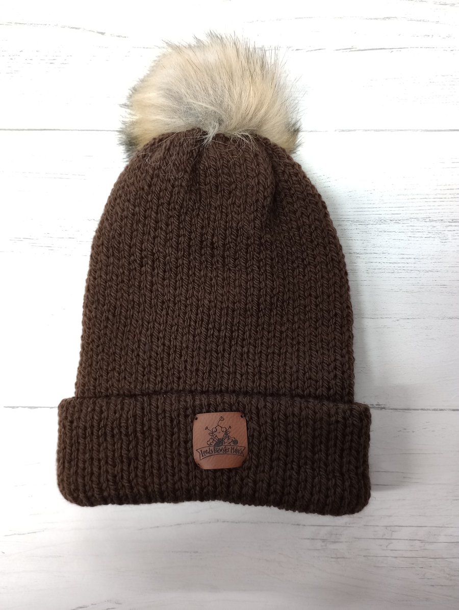 Brown Beanie, Winter hat, Bobble hat