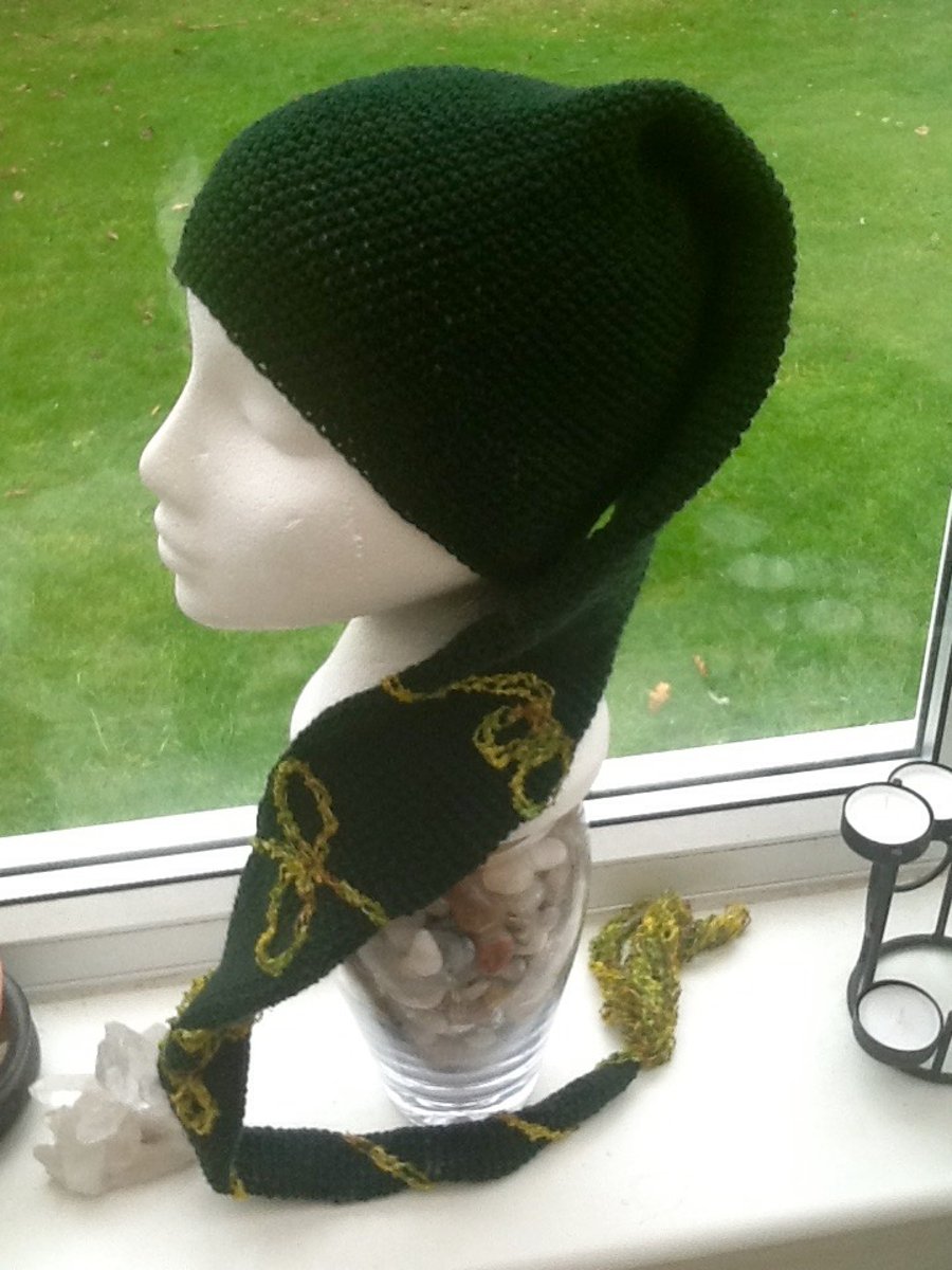 Deep Green Elf Style Crocheted Hat Scarf with Spiral Design and Tassel