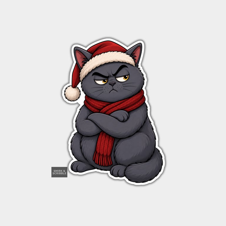 Funny Christmas Sticker Vinyl Xmas Decal For Adults - Grumpy Grey Cat