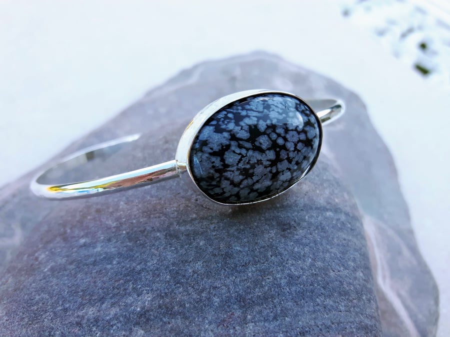 Sterling Silver Bangle with Snowflake Obsidian 