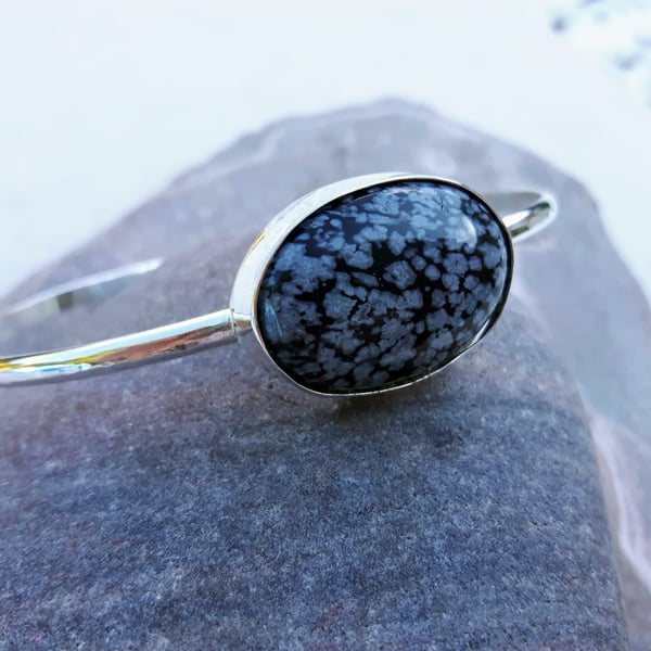 Sterling Silver Bangle with Snowflake Obsidian 